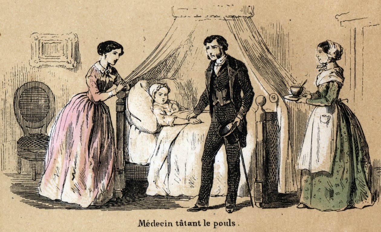 五感の説明：触覚、病気の少女の脈を叩く医者。ジュール・デルブリュックが描いた悲観的な絵画、1860年のエングレーヴィング、"Les Recreations instructives "のプレート "Les cinq sens"。個人蔵。 作： フランス語学校