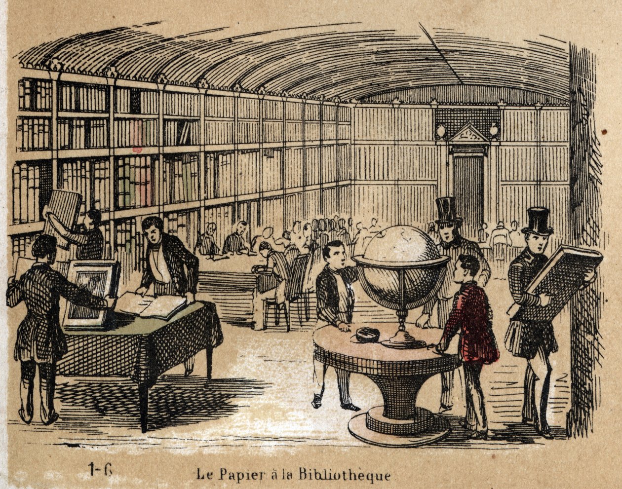 紙の様々な製品や用途についての説明：紙の作品を集めた図書館の風景。ジュール・デルブリュックによる悲観的な絵画、1860年のエングレーヴィング、"les Recreations instructives "のプレート "Le papier et ses produits"。個人蔵。 作： フランス語学校
