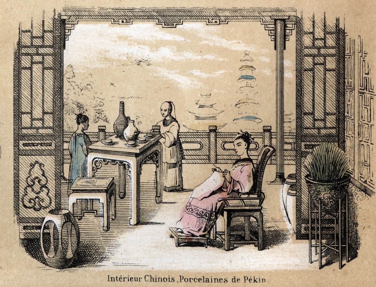 粘土の様々な製造段階と用途の説明：北京の磁器を使った中国のインテリア。Les Recreations instructives "の "The clay and its products "の図版 ジュール・デルブリュック（Jules DELBRUCK）の共観図、1860年のエングレーヴィング。個人蔵 作： フランス語学校