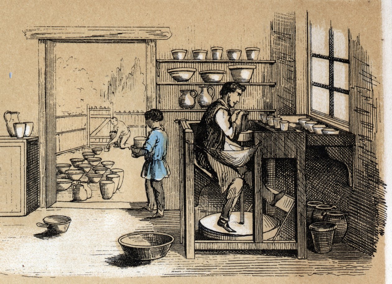 粘土の様々な製造工程と用途の説明：順番に作業する陶工。Les Recreations instructives "の "The clay and its products "のプレート ジュール・デルブリュックの共観図、1860年のエングレーヴィング。個人蔵。 作： フランス語学校