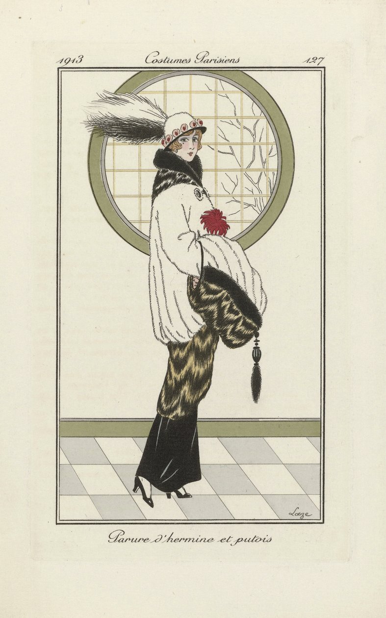 エルミンヌとポレキャットのアンサンブルのデザイン、『Costumes Parisien』1913年刊より（ポショワール版画） 作： フランス語学校