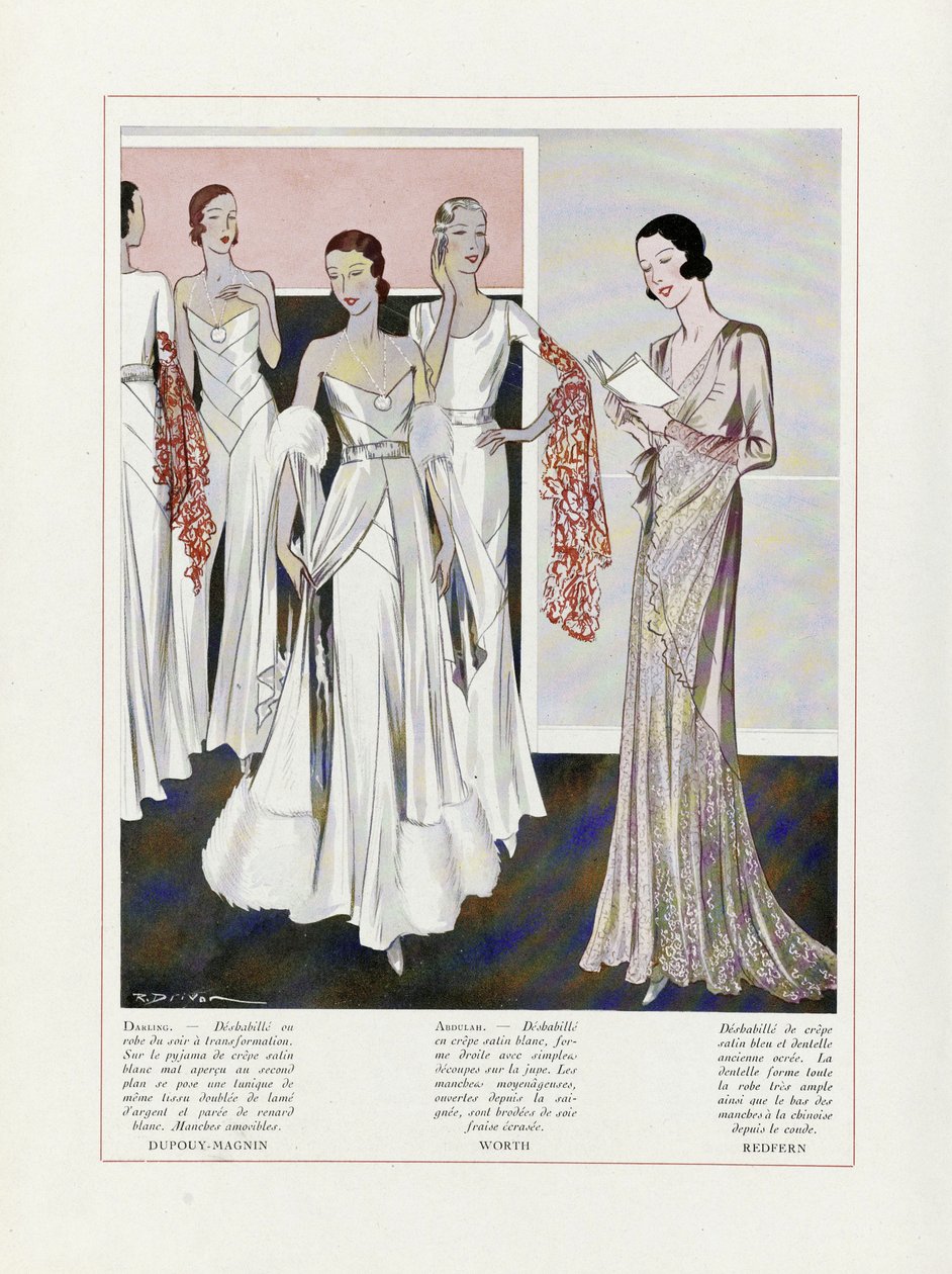 ドゥプイ＝マニャン、ワース、レッドファーンによるイブニングドレスのデザイン。1931年（カラーリトグラフ） 作： フランス語学校
