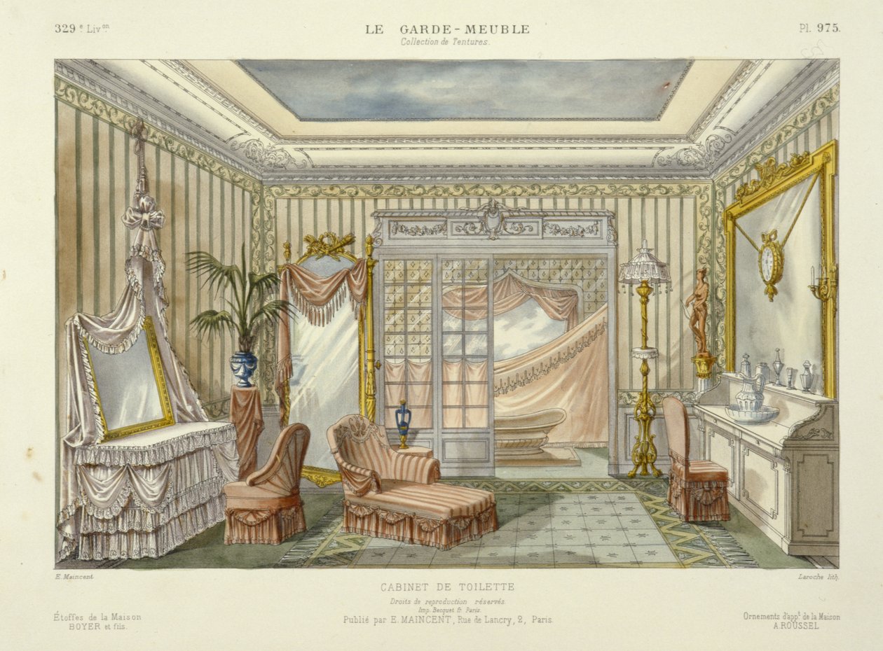 浴室スイートのデザイン（Le Garde-Meuble、Pub.パリ、1890年頃（カラーリトグラフ） 作： フランス語学校