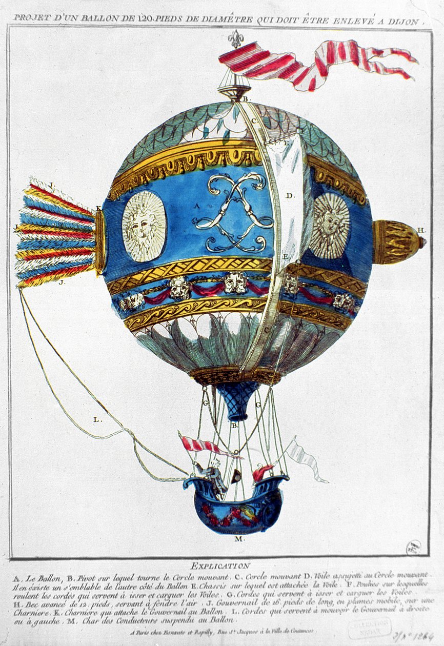 ディジョンで離陸する直径120フィートの熱気球の設計、c.1784（カラー彫刻） 作： フランス語学校