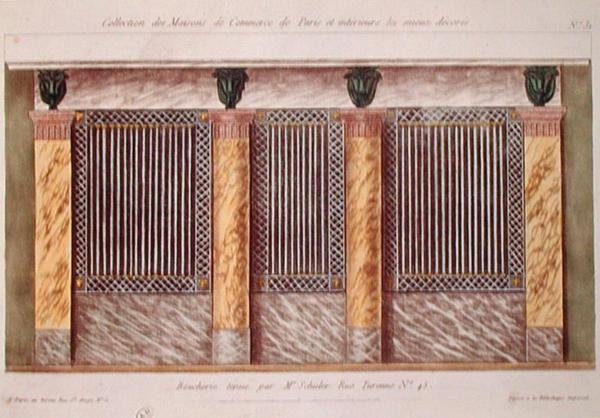 肉屋のファサードのデザイン（パリで最も装飾された商業施設を描いたシリーズより）1810年頃（カラーリトグラフ 作： フランス語学校