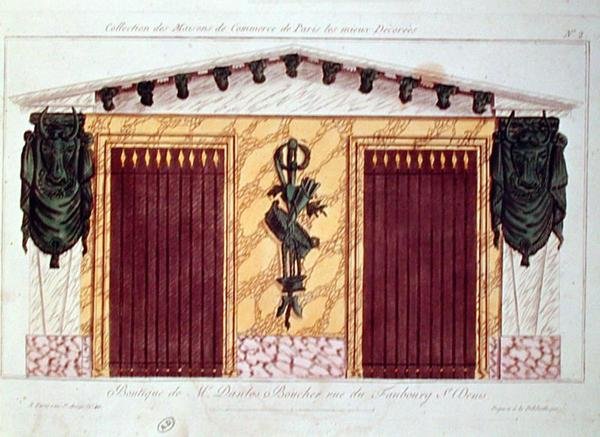 肉屋のファサードのデザイン（パリで最も装飾された商業施設を描いたシリーズより）1810年頃（カラーリトグラフ 作： フランス語学校
