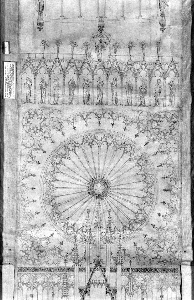 ストラスブール大聖堂の正面にあるバラの窓と王のギャラリーのデザイン、1380年頃（紙にペンとインク、ガッシュ）（詳細207685を参照） 作： フランス語学校