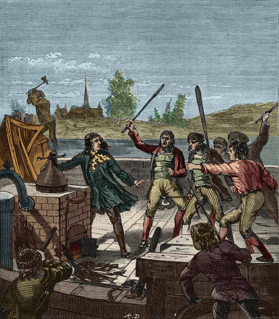 Zerstörung von Papins Dampfschiff - Denis Papin (1647-1712) beobachtet, wie sein Raddampfer 1707 von den Bootsmännern von Münden zerstört wird - Les Bateliers de Munden zerstören das Dampfschiff von Denis Papin (1647-1712) - Gravur in „Wissenschaften für a von French School