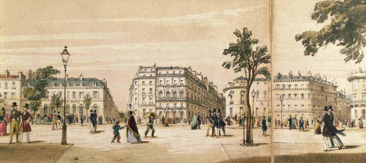 1840年頃、イタリアン大通りのパノラマの詳細（カラーリトグラフ 作： フランス語学校