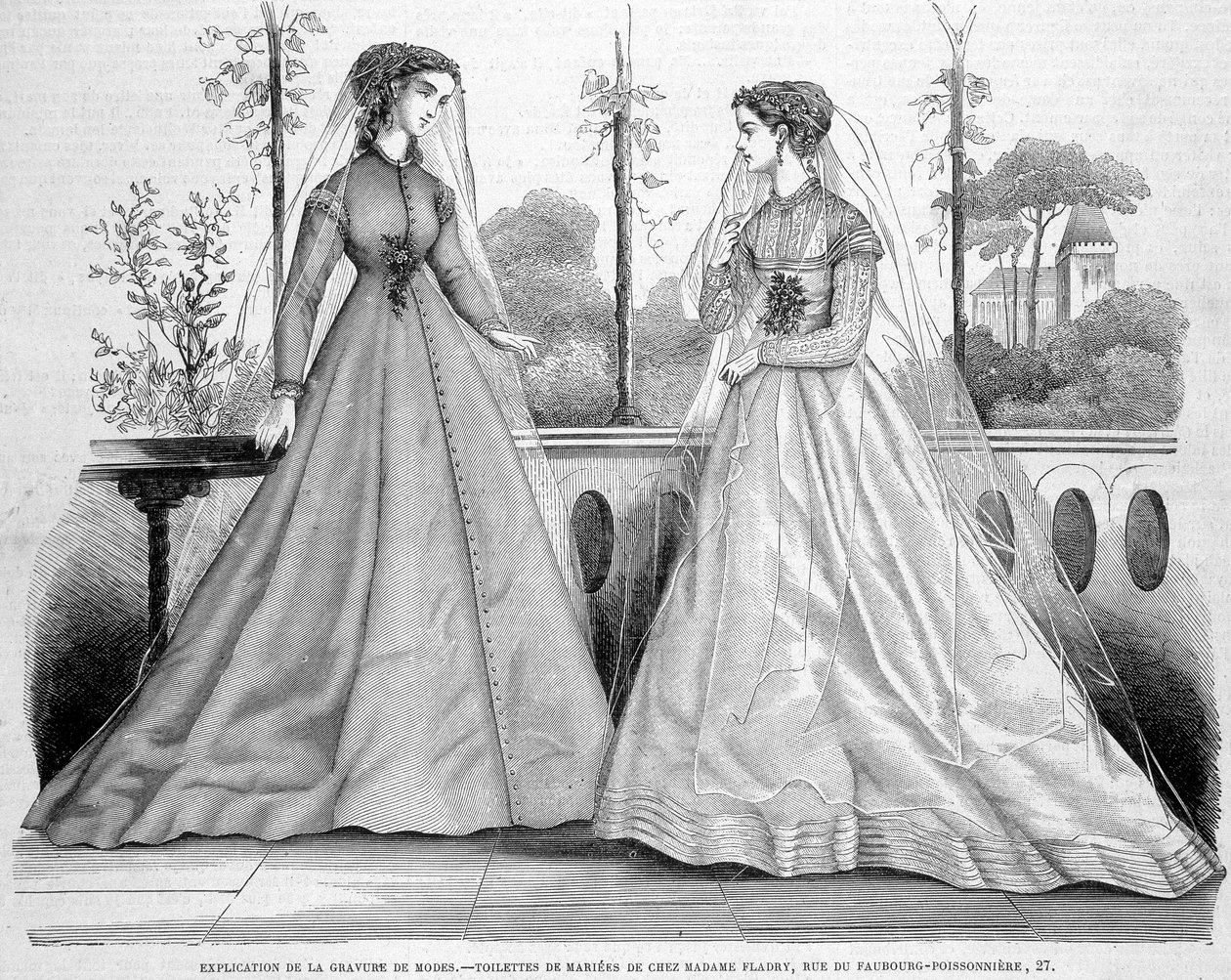 1867年9月29日の「La Mode illustrée」に掲載されたマダム・フラドリーのブライドル・ガウン2着。 作： フランス語学校