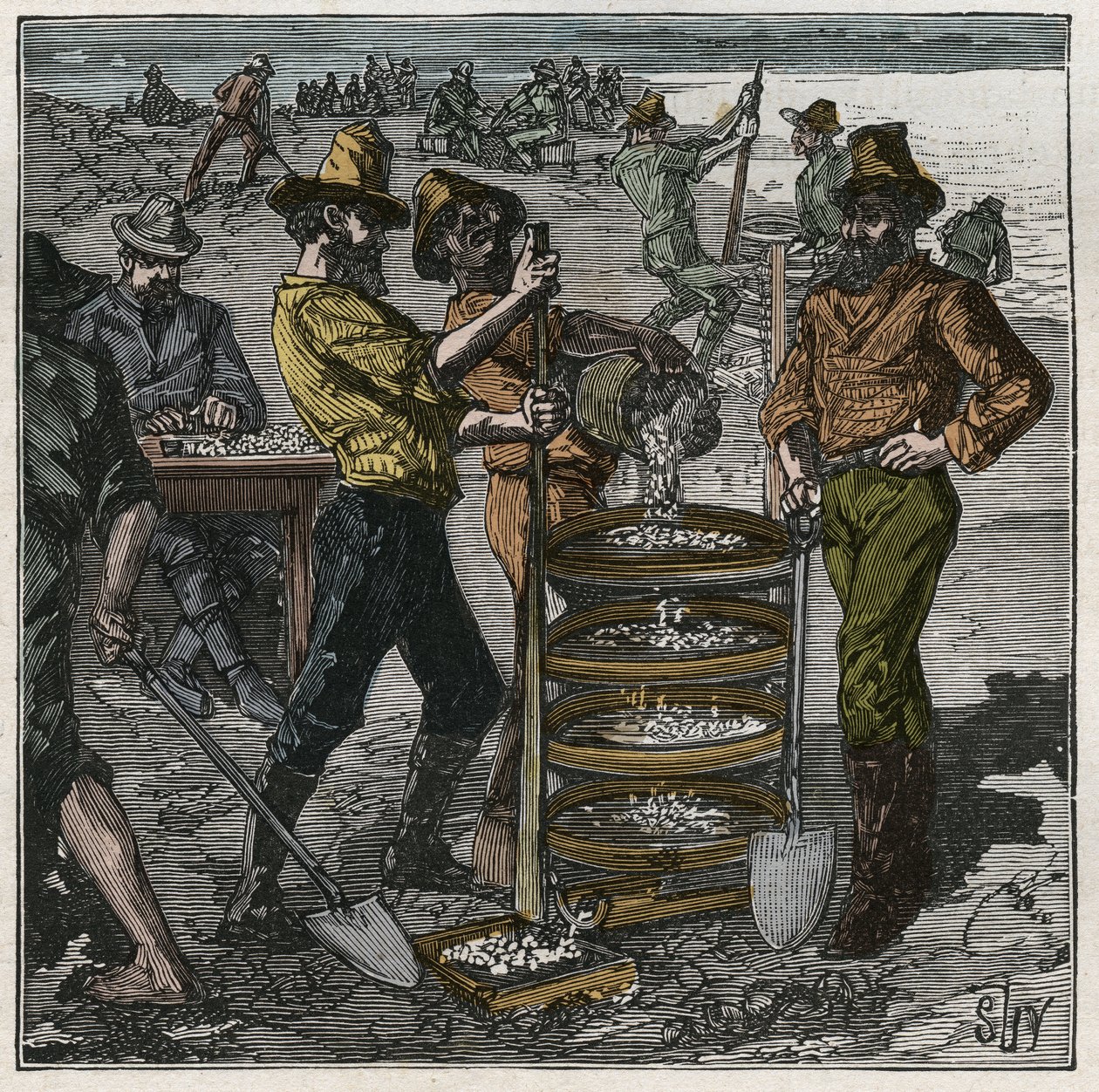 19世紀の南アフリカでのダイヤモンド洗浄。Adolphe BITARDの "Les arts et metiers illustres "に掲載された1885年のエングレーヴィング。 作： フランス語学校