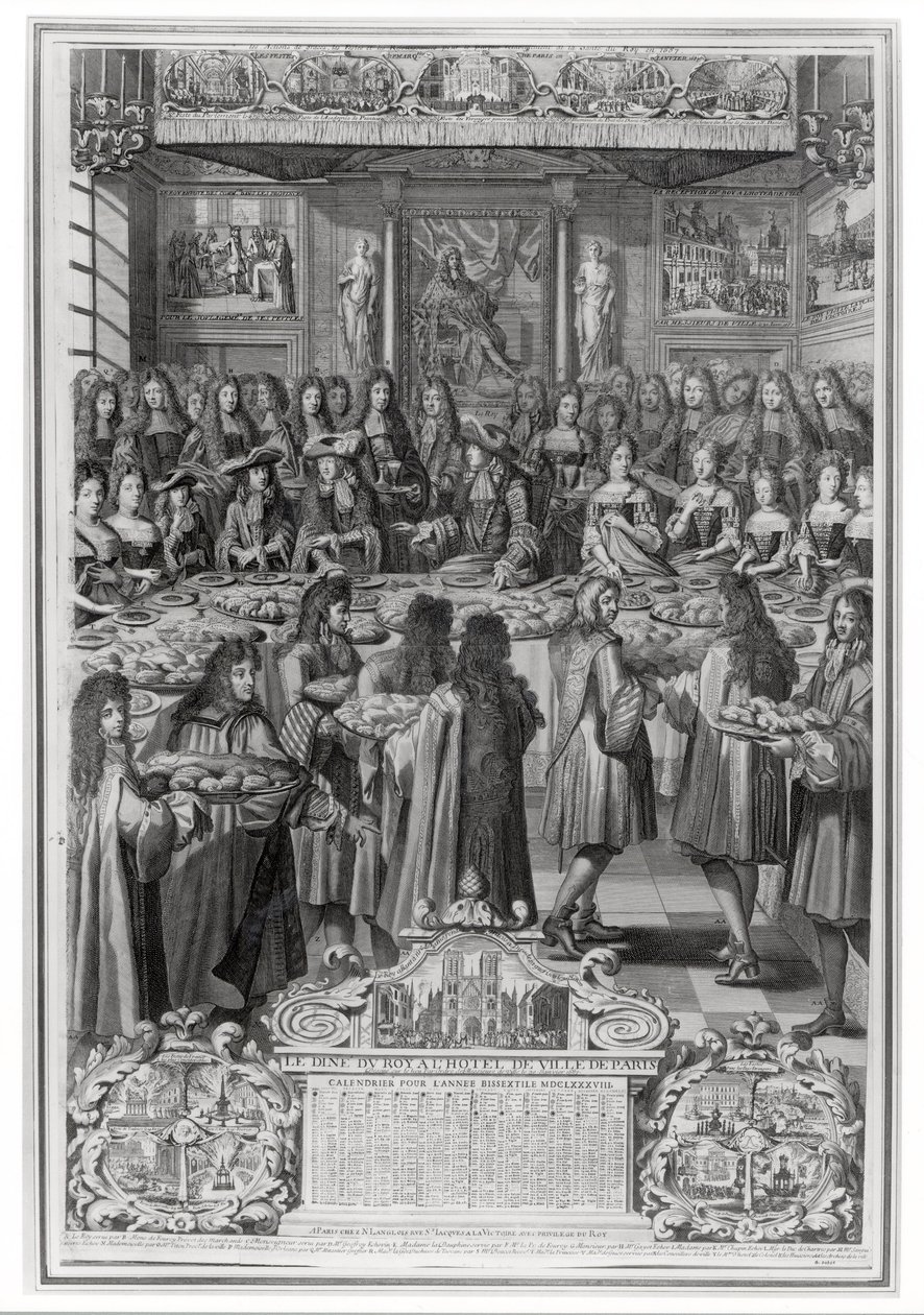 1687年1月30日、Hotel de villeでのルイ14世のディナー（1638〜1715）、1688年のカレンダーから 作： フランス語学校
