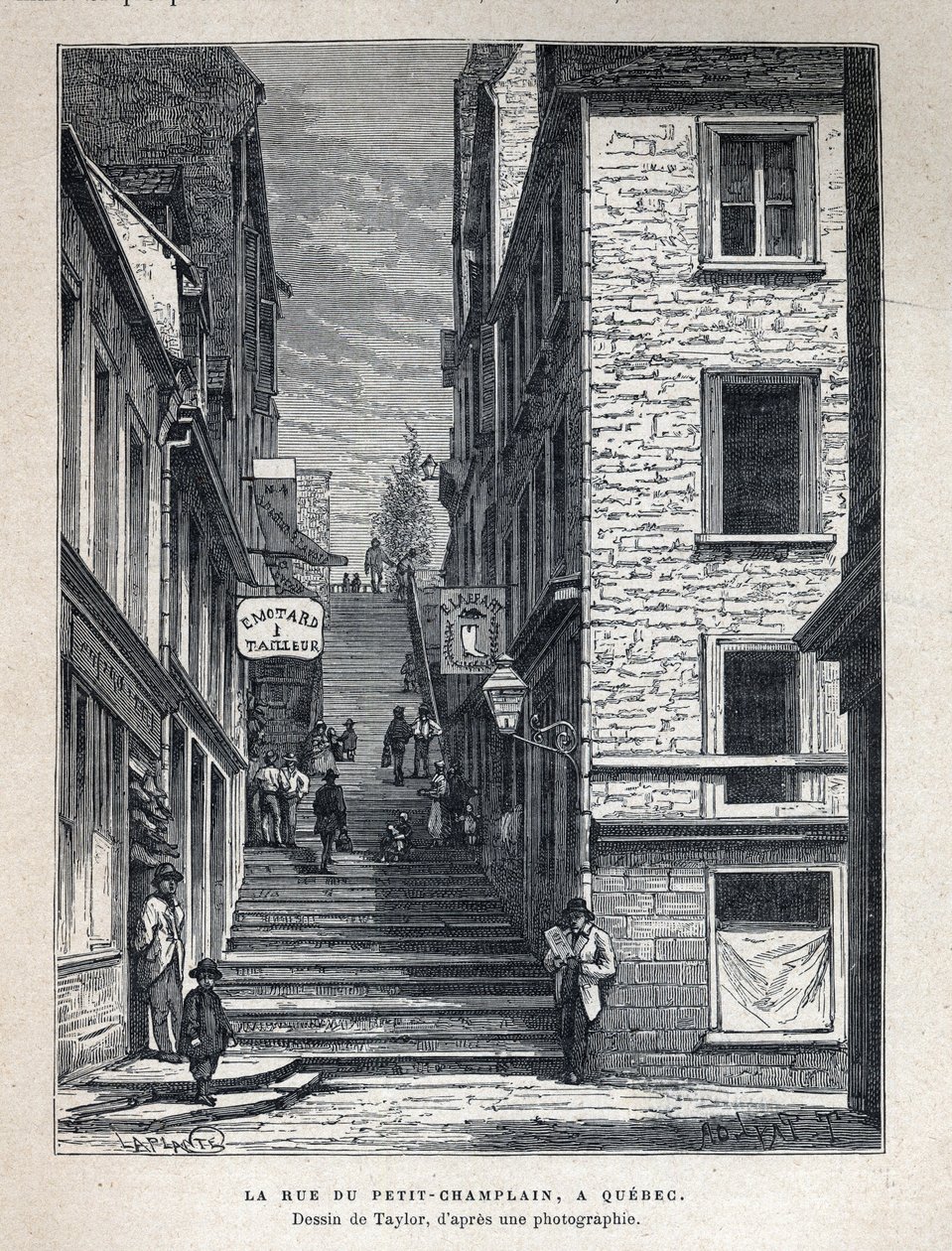 カナダを発見する。ケベック州のRue du Peute Champlain（プティ・シャンプラン）。写真をもとにテイラーが描いたもの。Eugene Gueninの「La nouvelle France」に掲載された19世紀末の版画。 作： フランス語学校