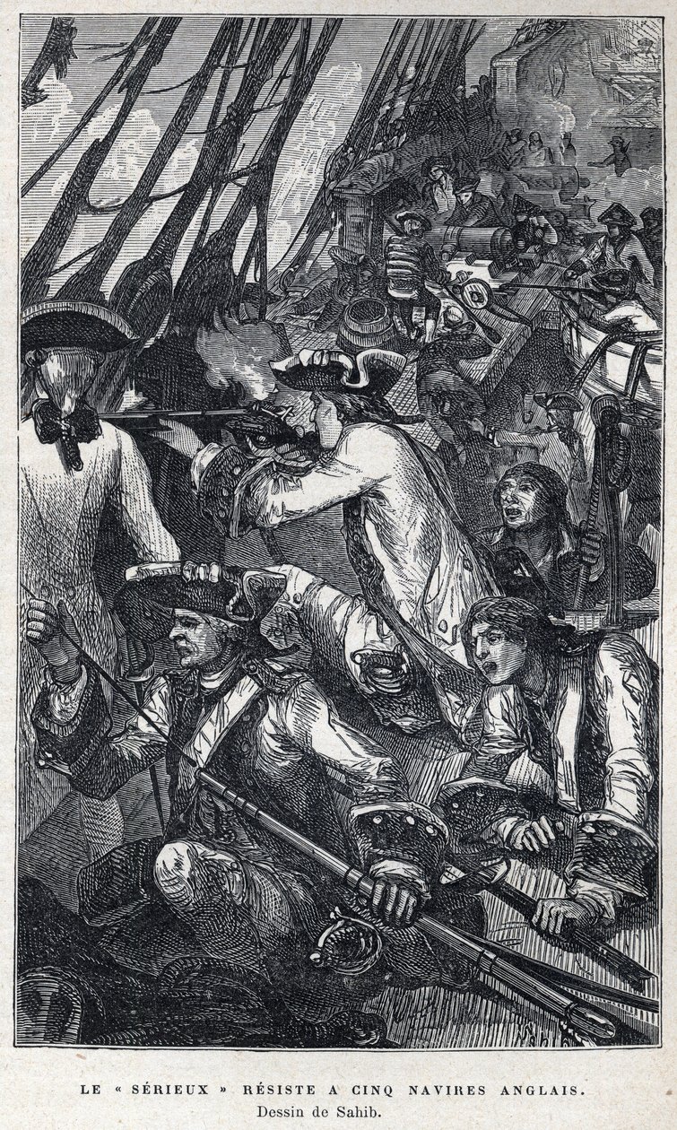 カナダから発見された。Jacques Pierre de Taffanel de la Jonquiere (1685-1752) フランス船 "Le serieux "の先頭に立って、5隻のイギリス船に抵抗したフランス海軍士官。Sahibによる図面。19世紀末に「La nouvelle Fra」に掲載された版画。 作： フランス語学校