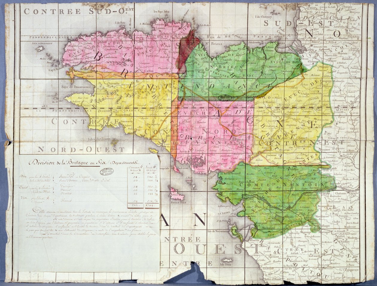 ブルターニュ地方の6つの県への分割、1789〜90年頃（カラーリトグラフ） 作： フランス語学校