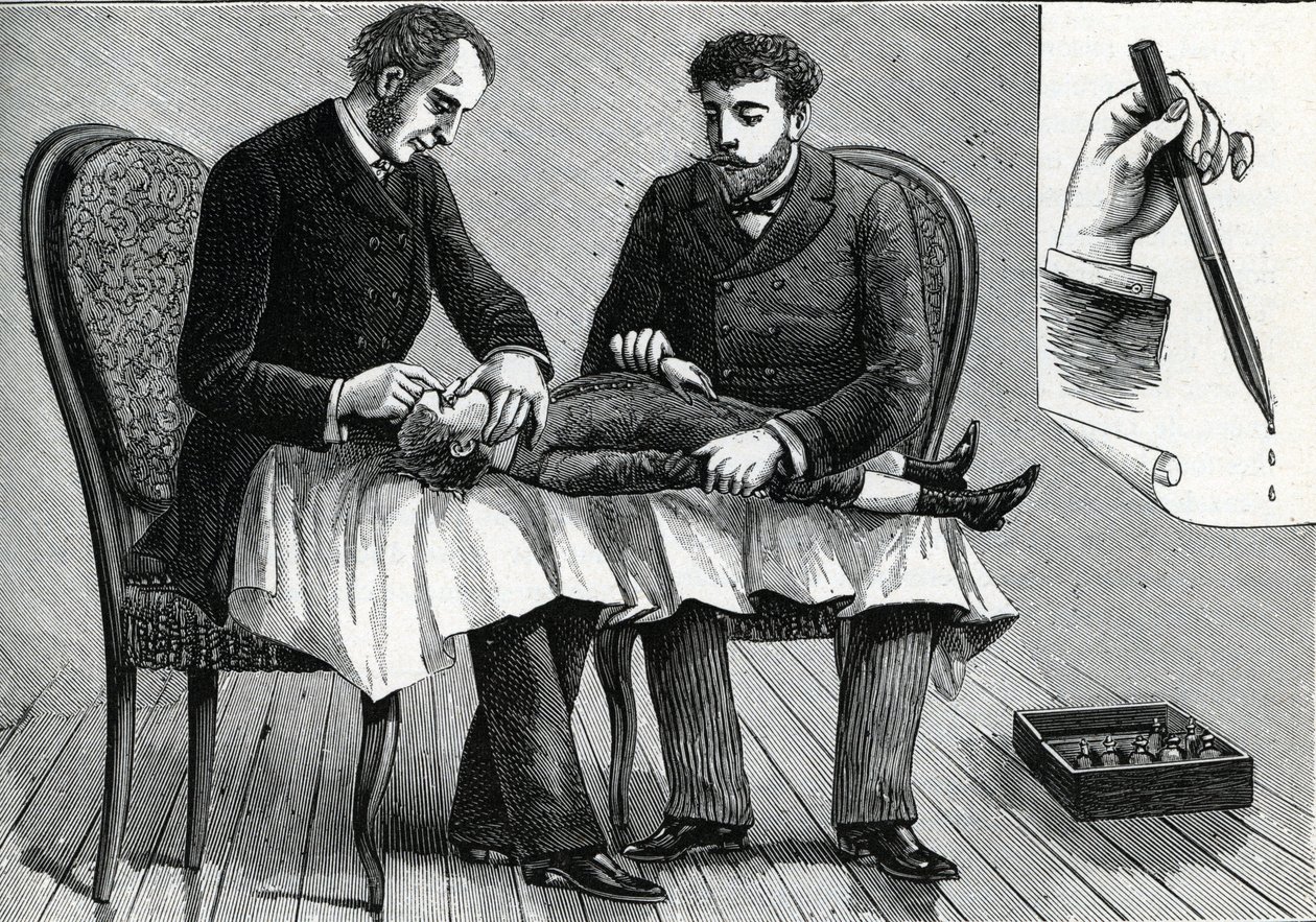 子供の目を診て目薬をさす医師（エングレービング）1888年 作： フランス語学校
