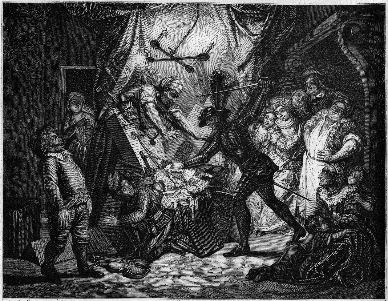 ドン・キホーテがムーア人だと思っている人形と戦っている。セルバンテス(1547-1616)の小説を描いたシャルル・アントワーヌ・コイペル(1694-1752)の絵の後に、V.ボーセが描いた版画。Le Magasin picturesque」にて。 作： フランス語学校