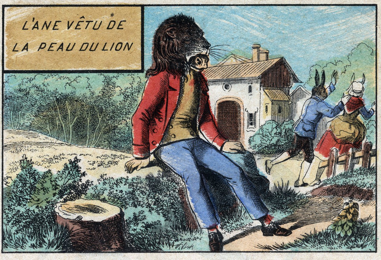 ライオンの皮をかぶったロバ。ジャン・ド・ラ・フォンテーヌ(1621-95)の寓話。19世紀末のエピナルの画像。 作： フランス語学校