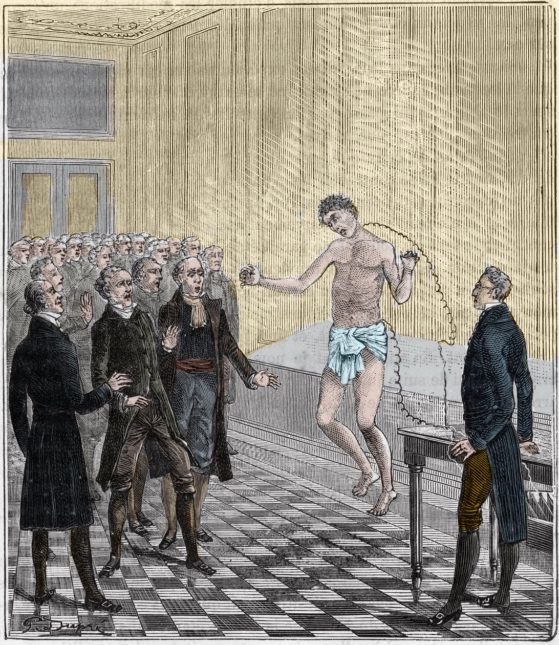 Dr. Andrew Ure führt voltaische Experimente am Körper des hingerichteten Mörders Clydesdale im Jahr 1818 durch - Experiment von Andrew Ure (1778-1857) an einer Leiche - Gravur in "Wissenschaften für alle zugänglich gemacht - Physik und Chemie" von Alexis C von French School