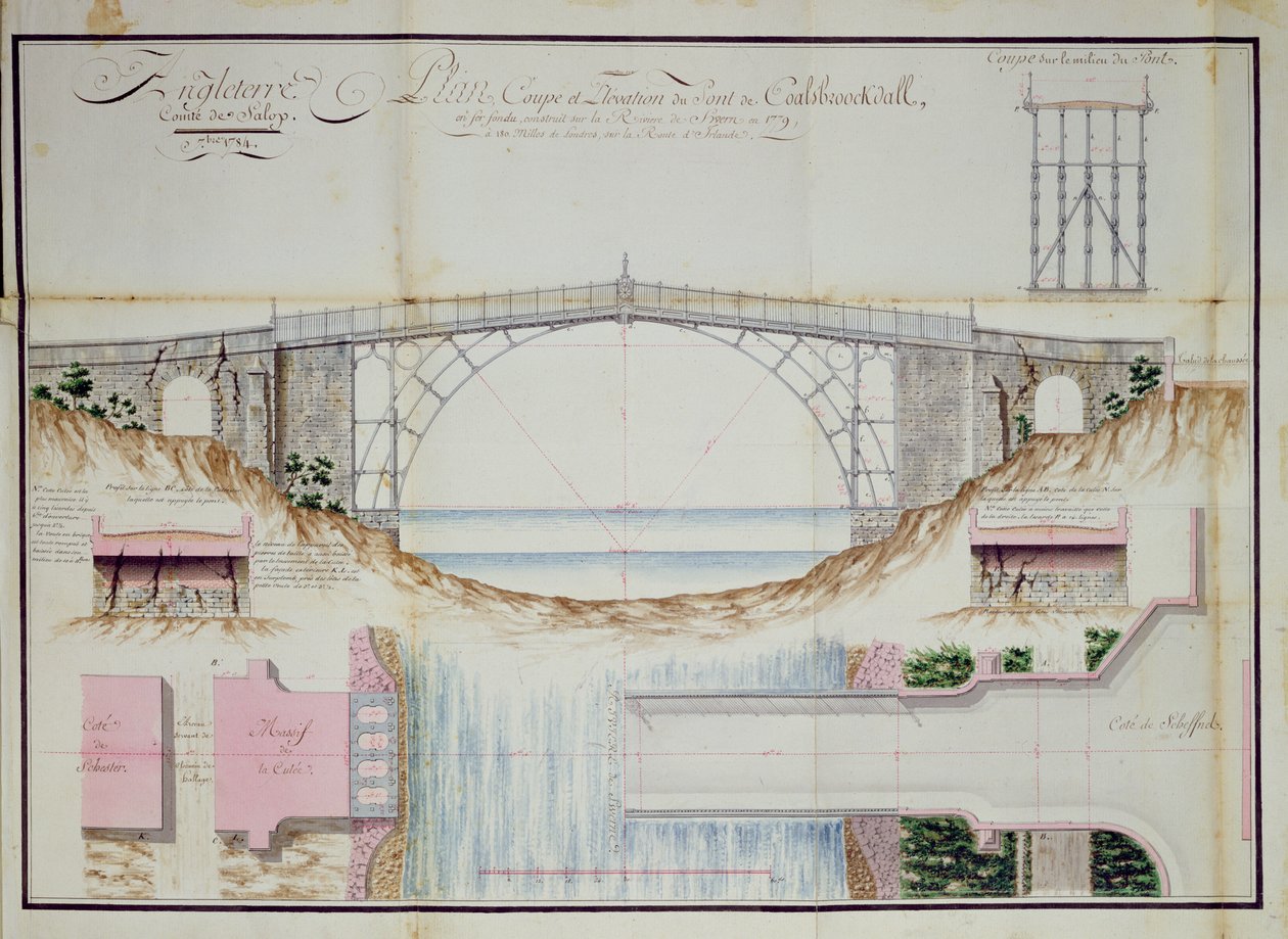 1784年にイギリスのシュロップシャー州コールブルックデールで1779年に建設されたアイアンブリッジの図と断面図（紙にペン、インク、トイレ） 作： フランス語学校