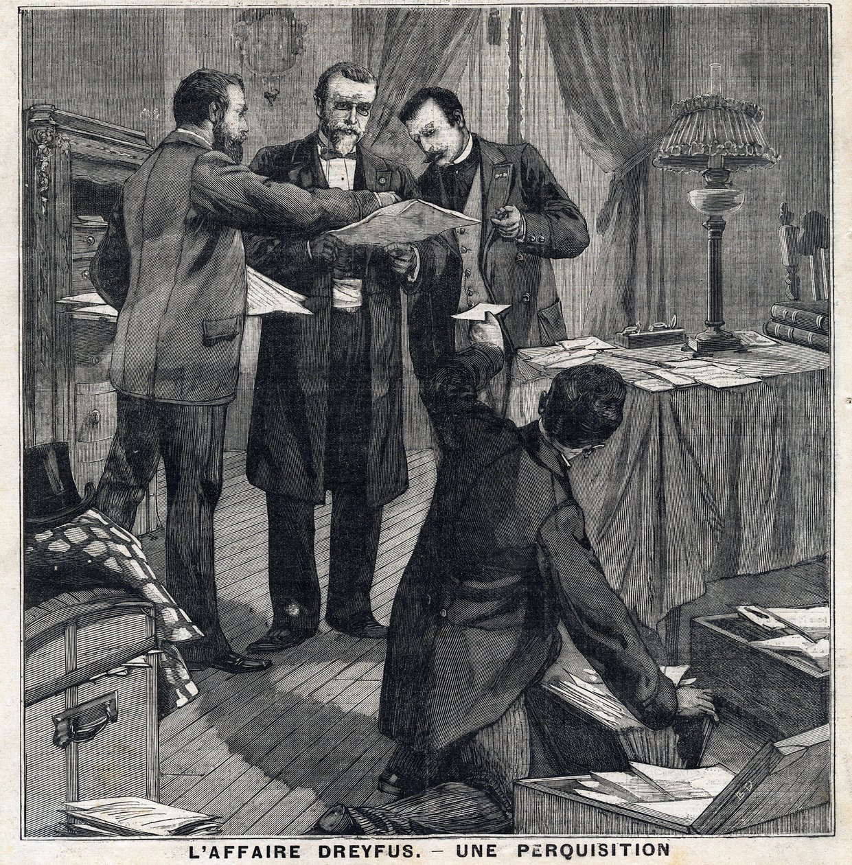 ドレフュス事件。3人の私服警官と警視総監がジョルジュ・ピカール（1854-1914）の自宅を捜索する。1897年12月5日の「Le Peute Parisien」にて。個人蔵 作： フランス語学校