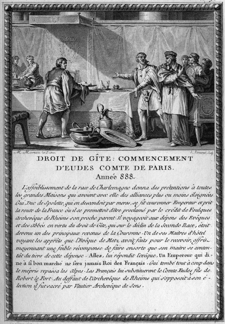 888年、パリ伯爵エウドゥスの始まりであるDroit de Gite。スポレート公ギー（ギー）3世（894年没）は、コテージの権利（領主が引っ越してきたときに民衆からヒーガーになる権利を与える封建的な権利）に基づき、メッツのイヴクによってヒーガーになった。 作： フランス語学校