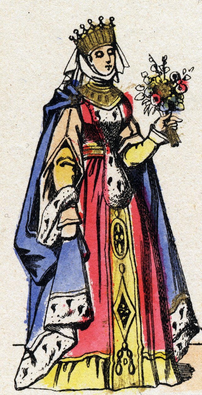 カペティ家の王朝。フランス王ルイ9世（1214-1270）の妻であるフランス王妃マルグリット・オブ・プロヴァンス（1221-1295）の肖像。19世紀末のエピナル撮影。個人蔵。 作： フランス語学校