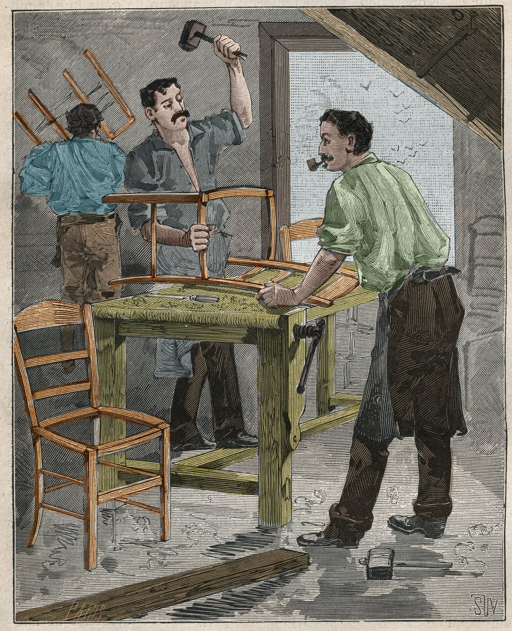 エベニステリー：19世紀のフランスで行われた椅子の組み立て。Adolphe BITARDの "Les arts et metiers illustres "に掲載された1885年の図版。 作： フランス語学校