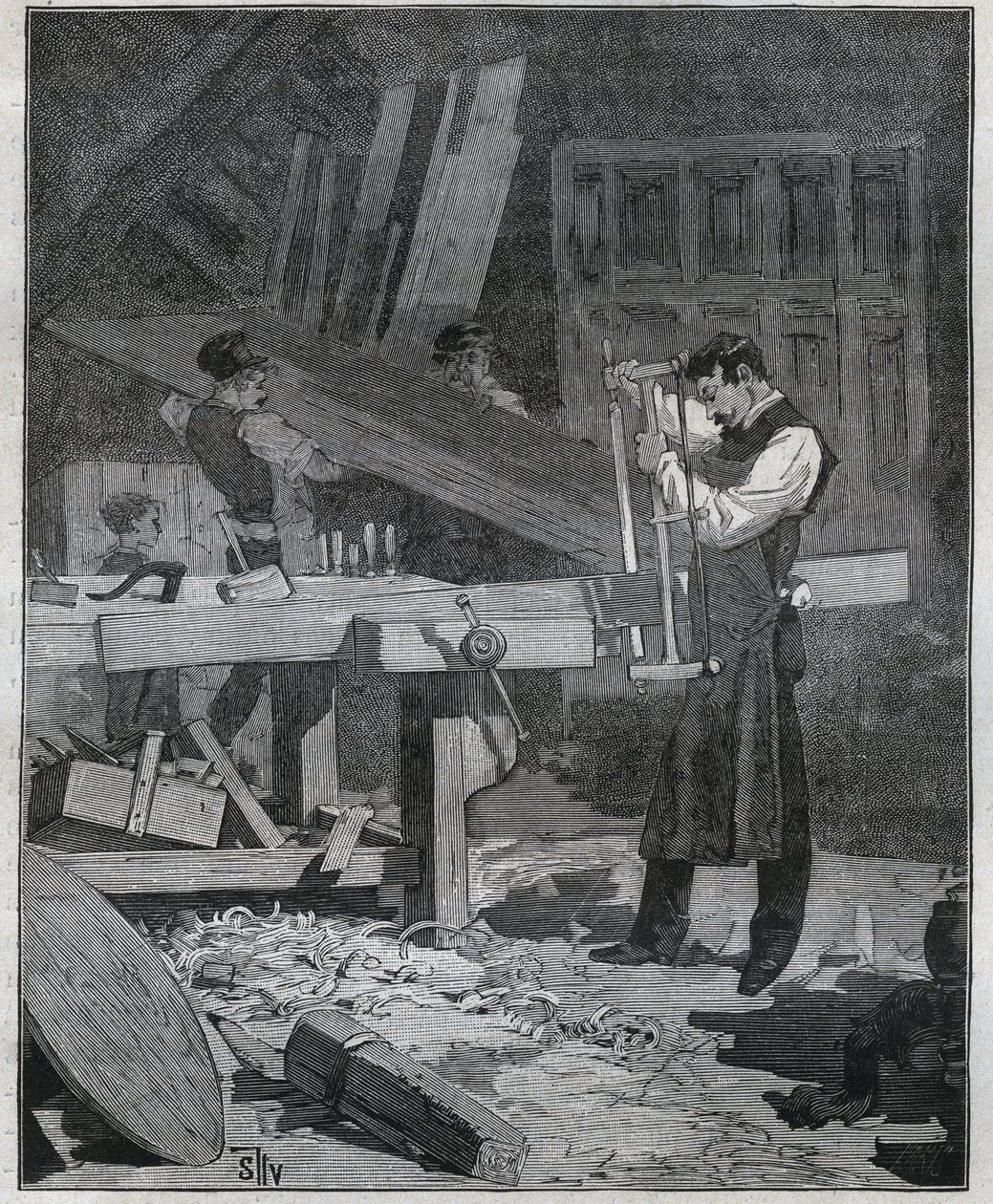Ebenisterie：確立された場所で板を割るエベニストの労働者。Adolphe BITARDの "Les arts et metiers illustres "に掲載された1885年のエングレーヴィング。 作： フランス語学校