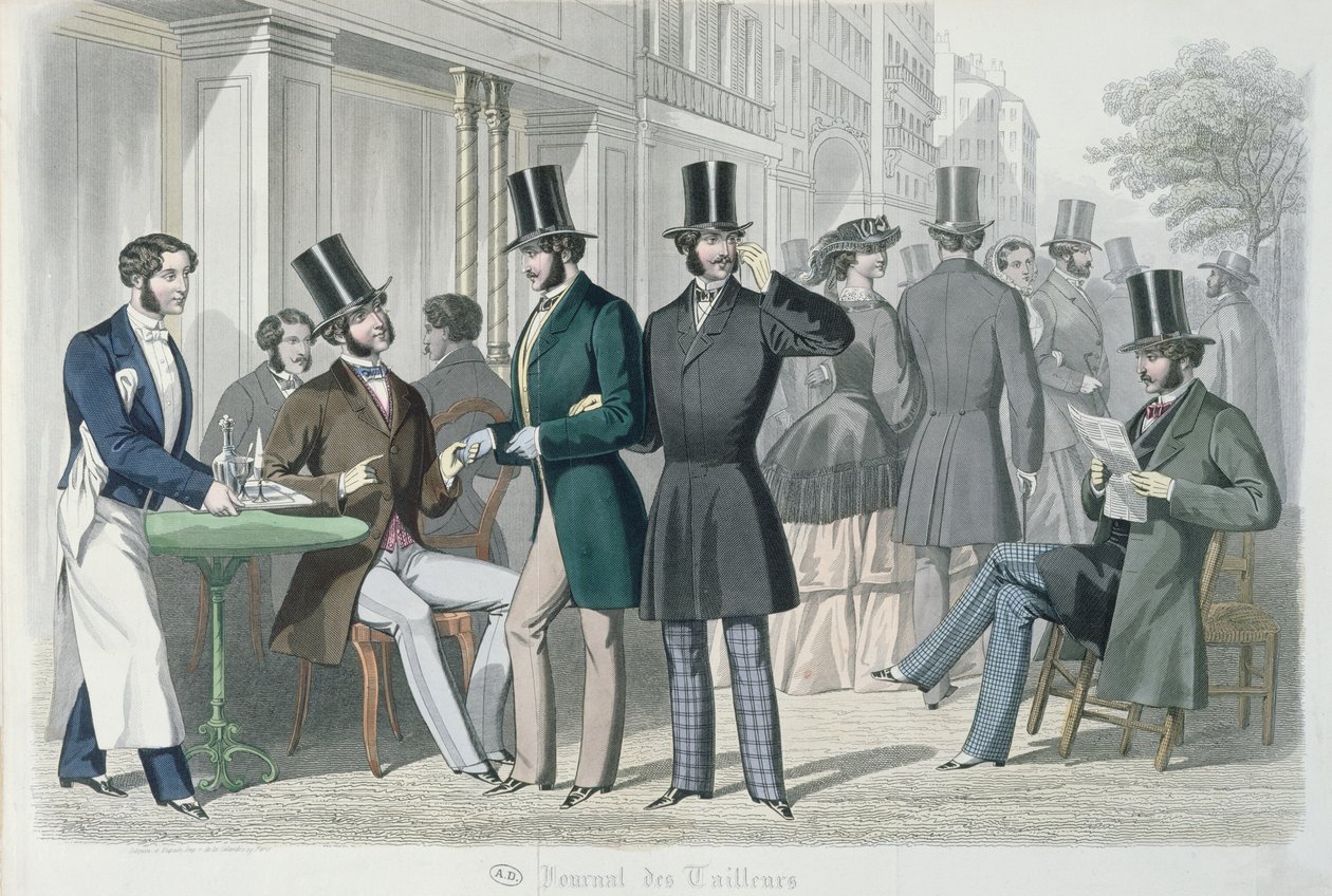 カフェのテラスに立つ優雅な若者たち、1857年（カラー彫刻） 作： フランス語学校