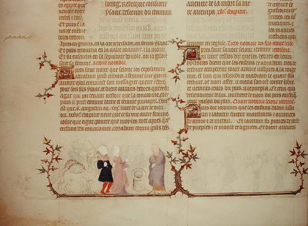 エリエゼルがレベッカをイサクに贈るシーン（『ジャン・ド・シーの聖書』より）1355年頃（ベラム製 作： フランス語学校