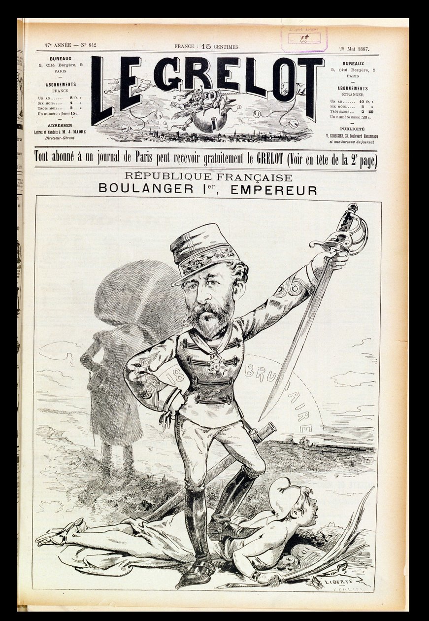 1887年5月29日、ブレラン帝皇帝、ルグレロの表紙の似顔絵 作： フランス語学校