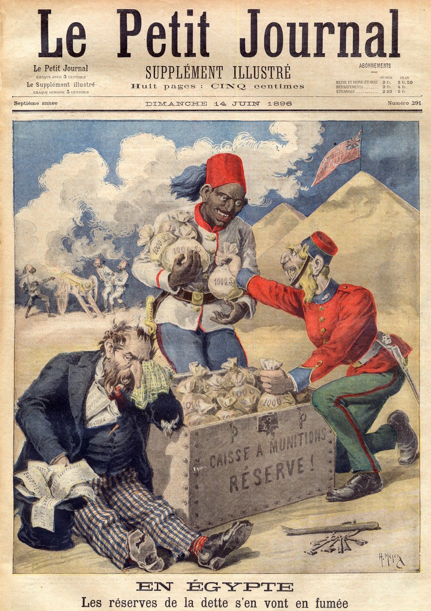1896年6月、軍事作戦の資金調達のためにエジプト国債の積立金に手をつけるイギリス - 「Le Petit Journal」のイラスト 作： フランス語学校