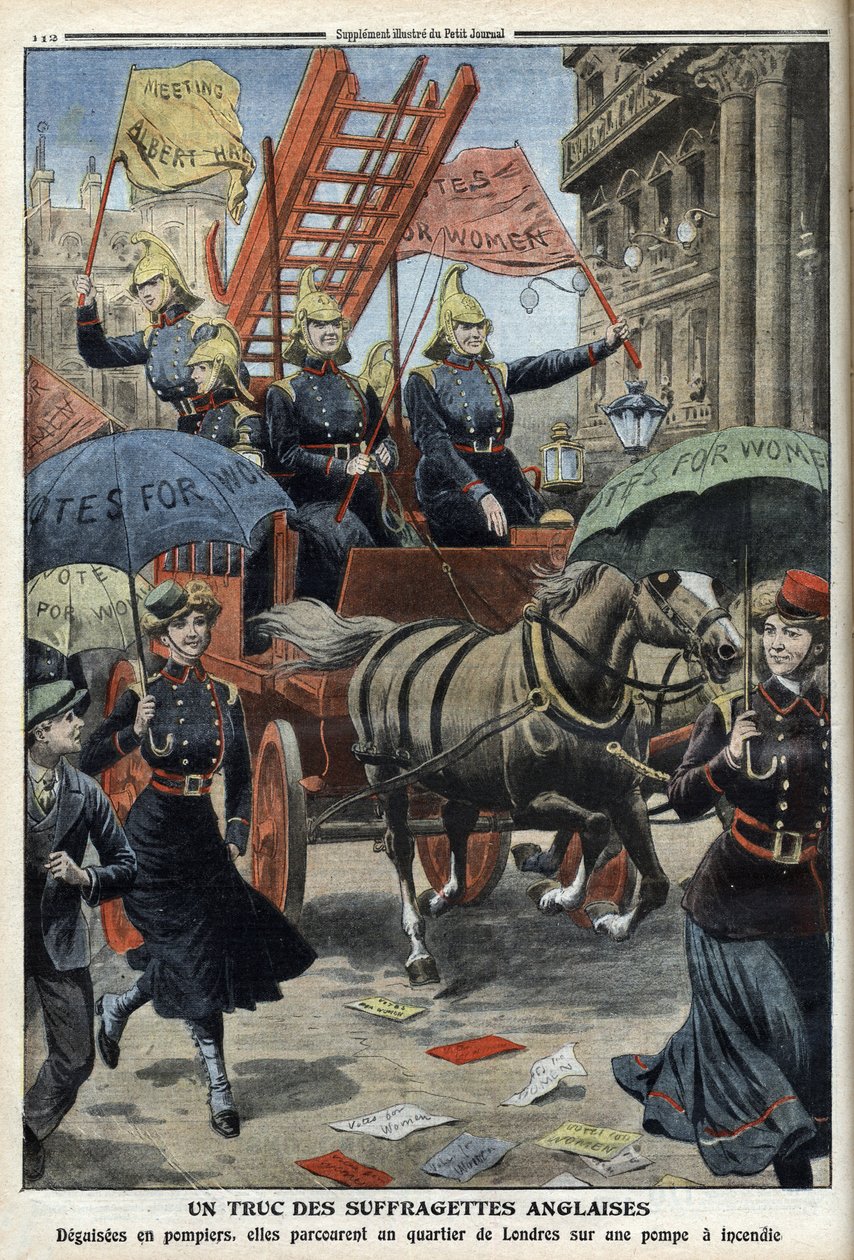消防士の格好をしたイギリスのサフラジェットたち（1910年4月3日付「Le Petit Journal」より）（エングレーヴィング 作： フランス語学校