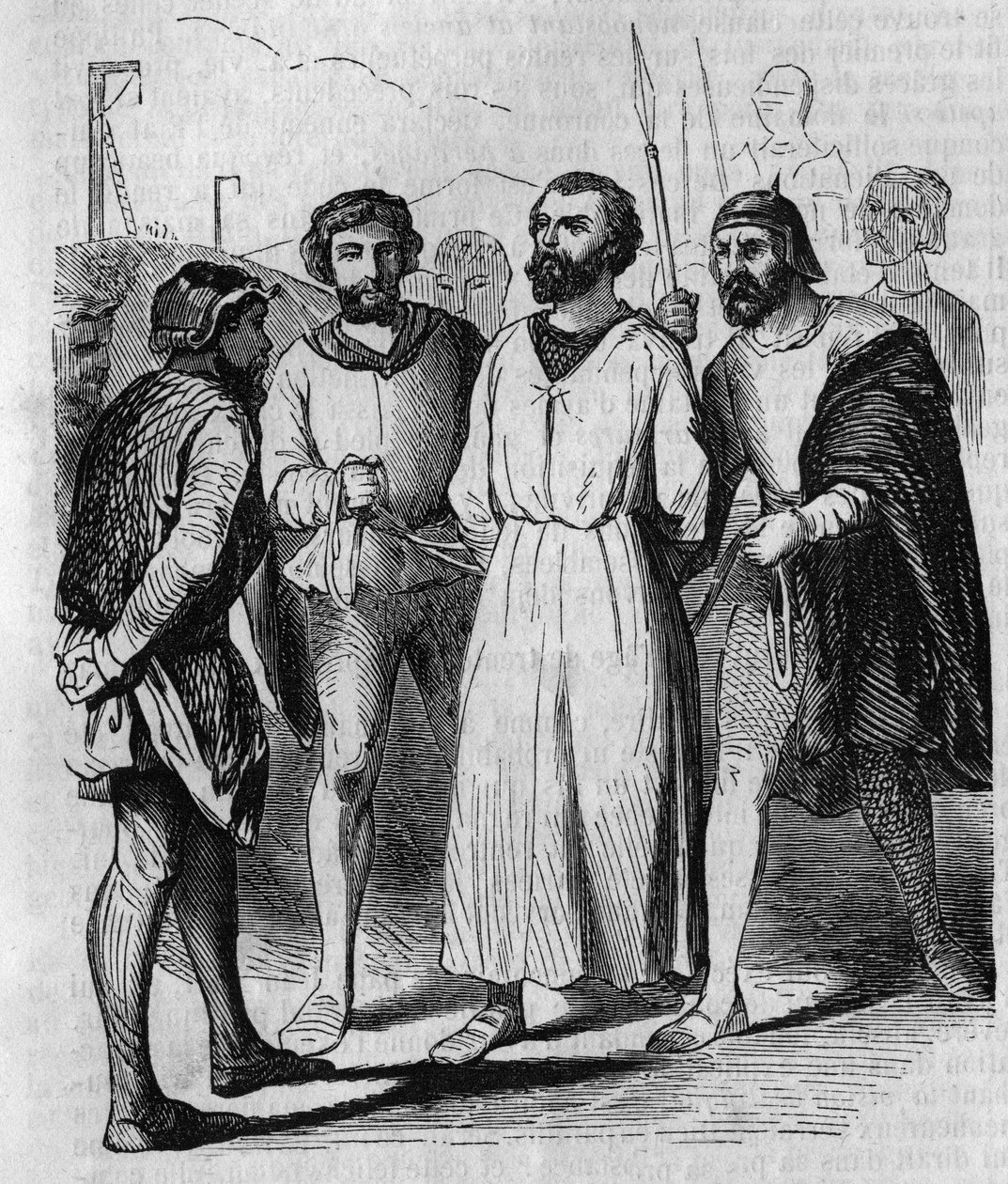1315年、拷問のために行進するベル王フィリップ4世の侍従長兼大臣のエンゲラン・ド・マリニー。19世紀のエングレーヴィング。 作： フランス語学校