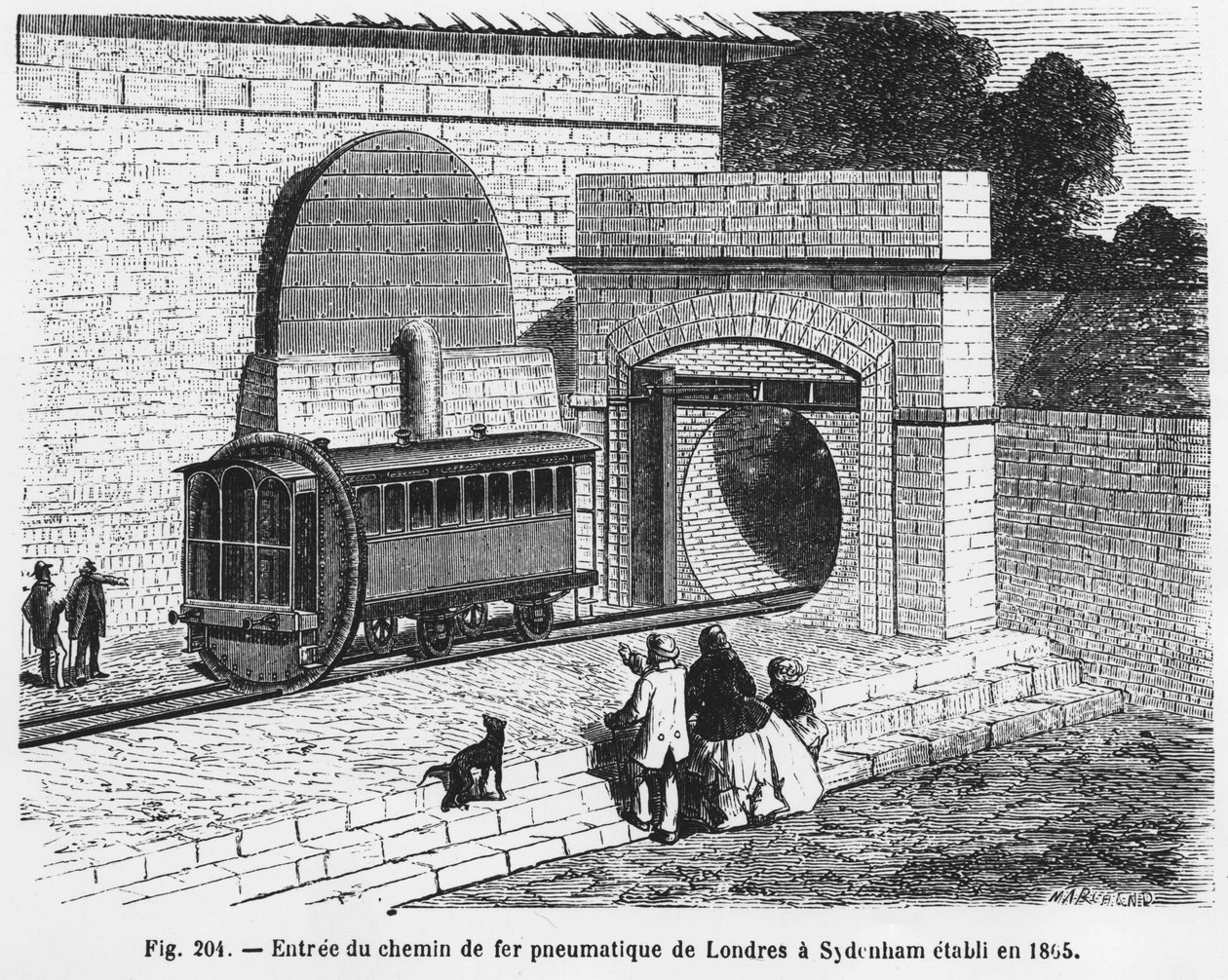 1865年に設立されたロンドンからサイデンハムまでの空気圧式鉄道の入り口 - L. Figuier著「The Wonders of Science」による。¿ 作： フランス語学校