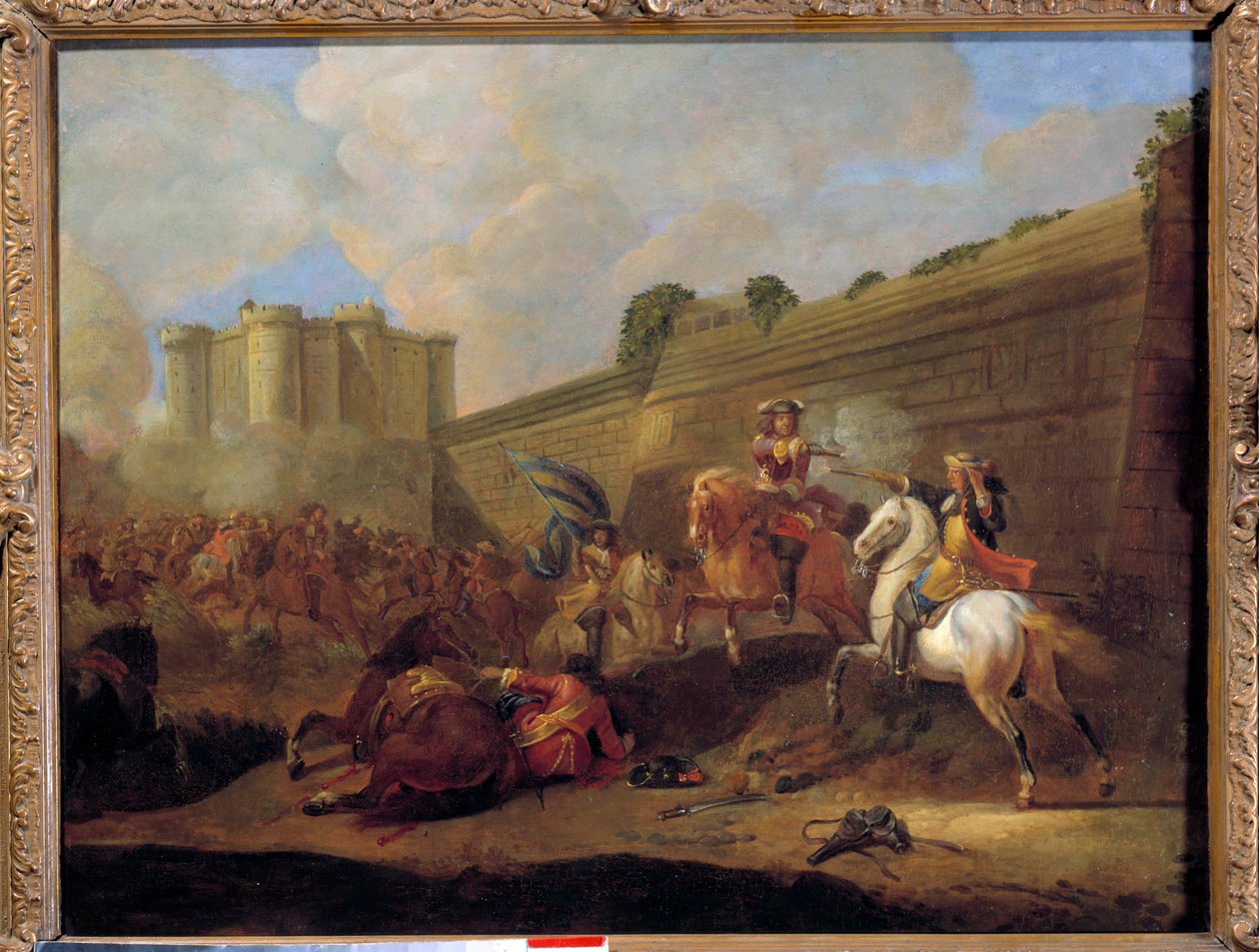 1648年から1652年の戦線のエピソード：バスティーユの城壁の下のサン・アントワーヌ通りでの二人の騎手の戦い 反エスカレーション フランス派の絵画。17世紀。日 0,5x0,72 m 作： フランス語学校