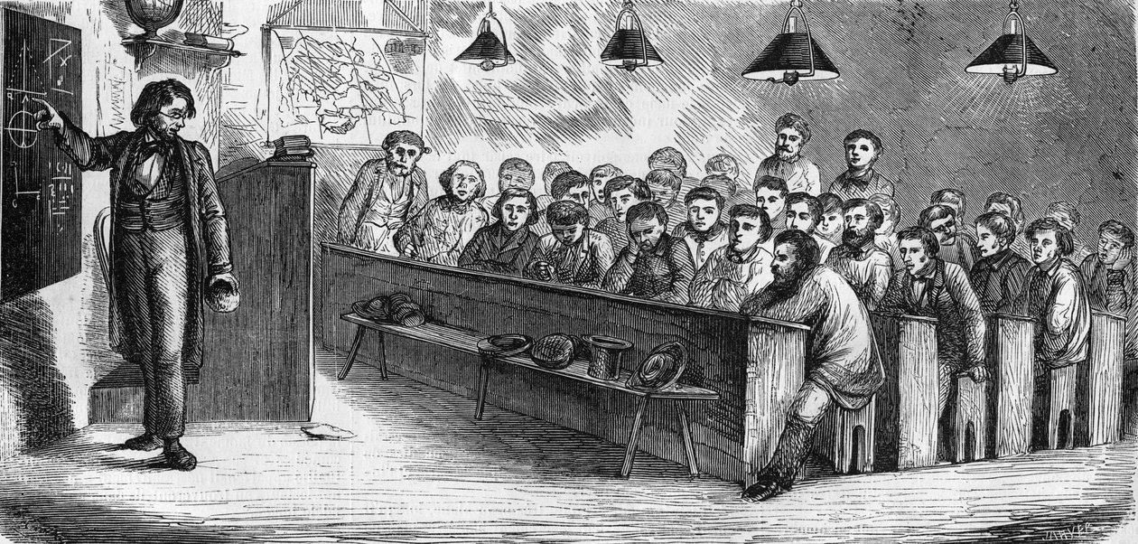 1858年、パリの公立成人学校の夜間クラス。 作： フランス語学校