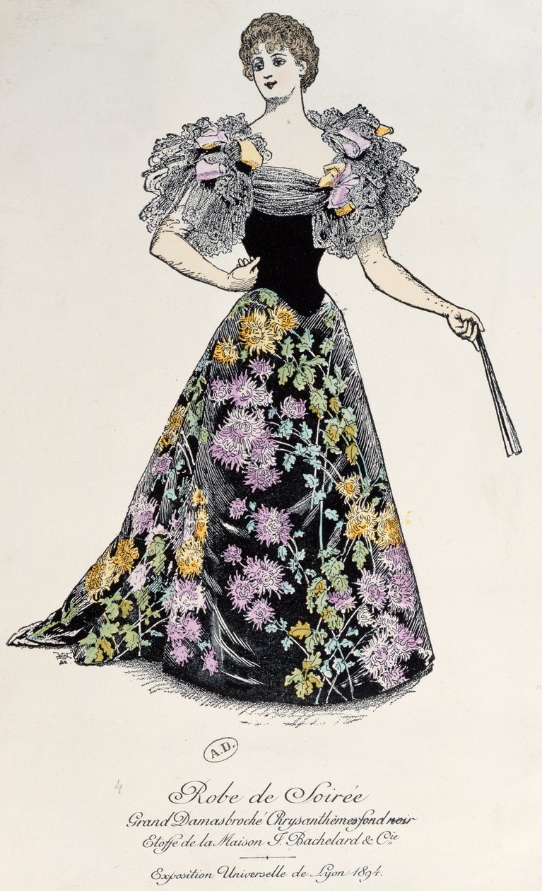 1894年、黒の背景に菊錦のダマスク織のイブニングドレス 作： フランス語学校
