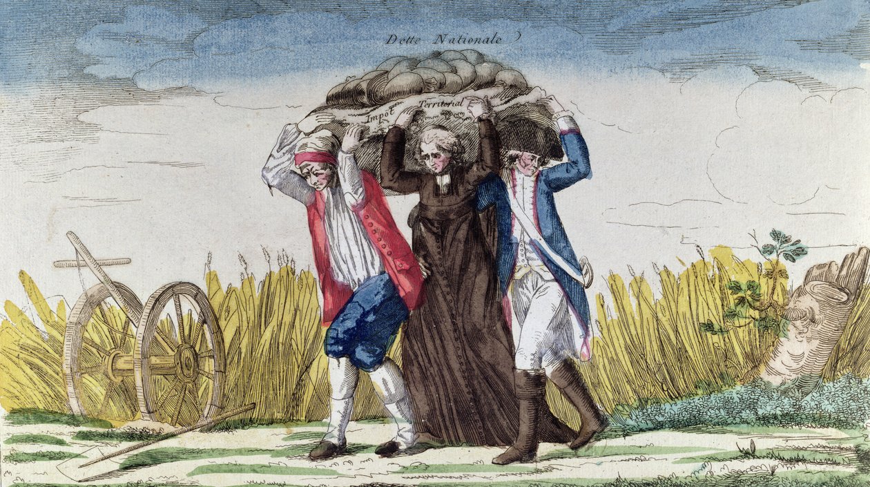 誰もが税金と国家債務の負担を負う、1789年頃（カラー彫刻） 作： フランス語学校