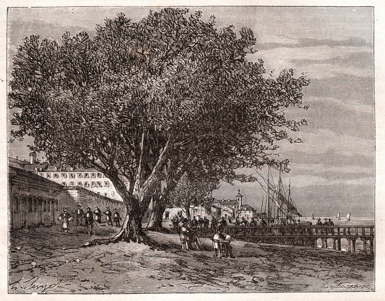Evian-les-Bains (Evian les Bains) - Haute-Savoie - V.-A. Malt-Brownの "La France illustree: geographie, histoire, administration statistique "に掲載された彫刻。 1884年 作： フランス語学校