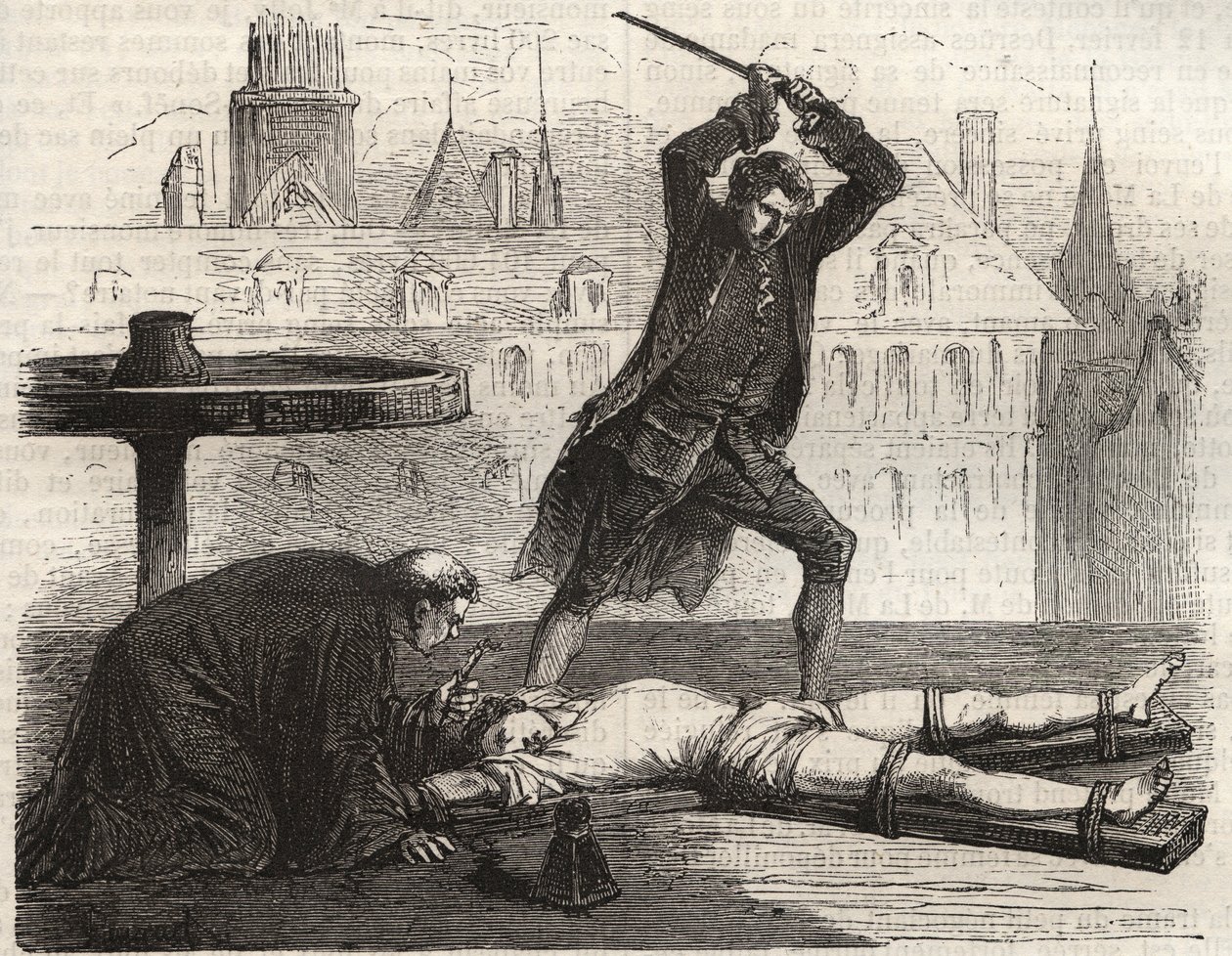 1777年にパリのグレーブ広場で行われた毒殺者アントワーヌ・フランソワ（アントワーヌ・フランソワ）・デスルーズ（1744-1777）の処刑（Le torice de la roue） - パリのグレーブ広場で車輪の上で壊されたデスルーズの処刑 作： フランス語学校