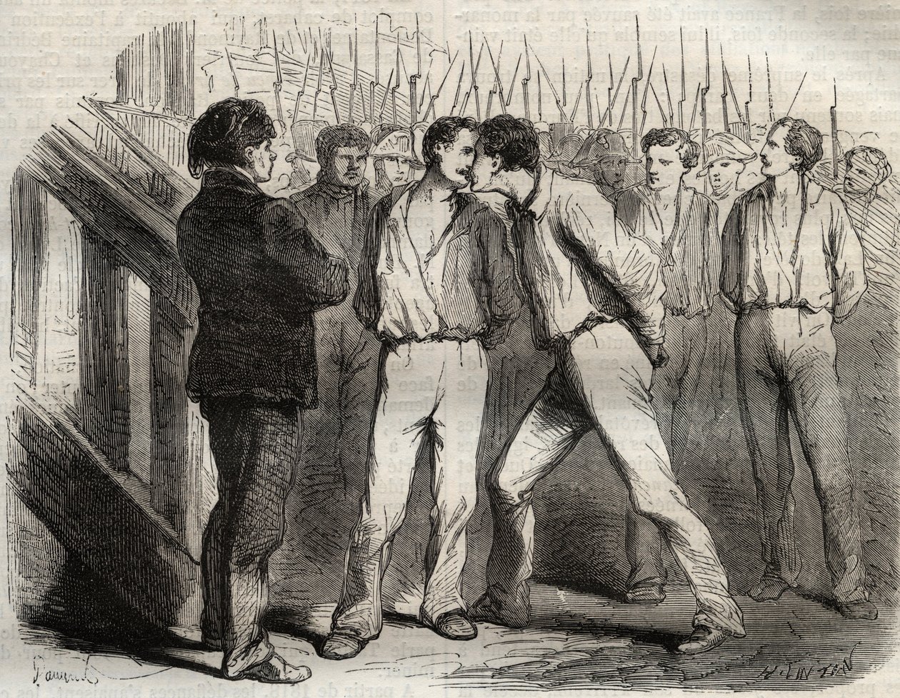 1822年9月21日、ラ・ロシェルの4人の軍曹の処刑。ボリー、ラウルクス、ゴーバン、ポミエ - 最初に通過する予定だったラウルクスは仲間との抱擁を求められた - アルマン・フーキエの「Causes celebres de tous les peuples」に掲載されたエングレーヴィング（1817-18? 作： フランス語学校