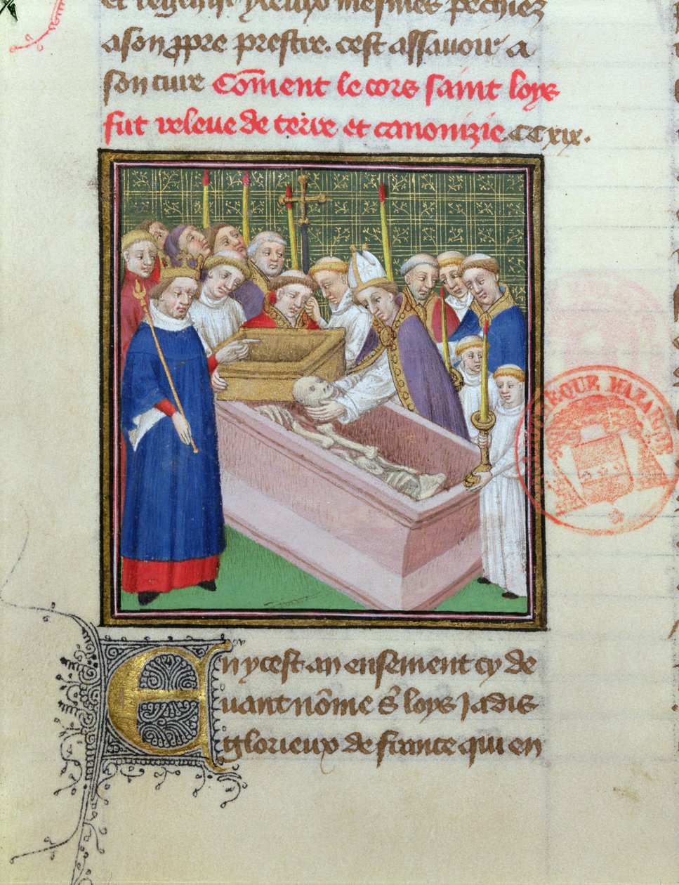 Les Grandes Chroniques de Franceからの1297年の聖ルイ（1215-70）の発掘と正典化 作： フランス語学校