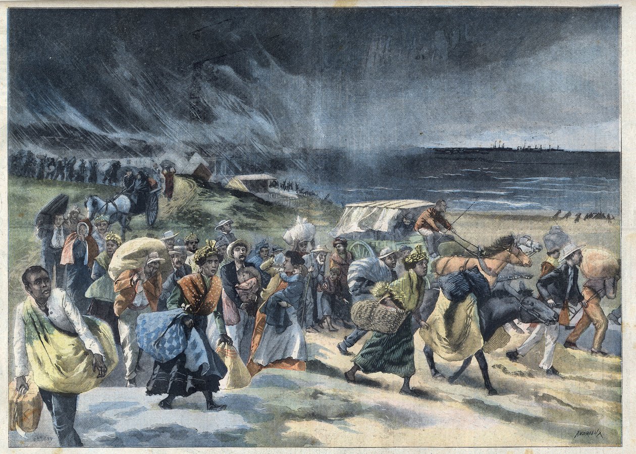 マルティニークのMontagne Pelee火山の噴火後のFort de France(フォール・ド・フランス)の住民の出国。"Le Petro Parisien "のエングレーヴィング 作： フランス語学校