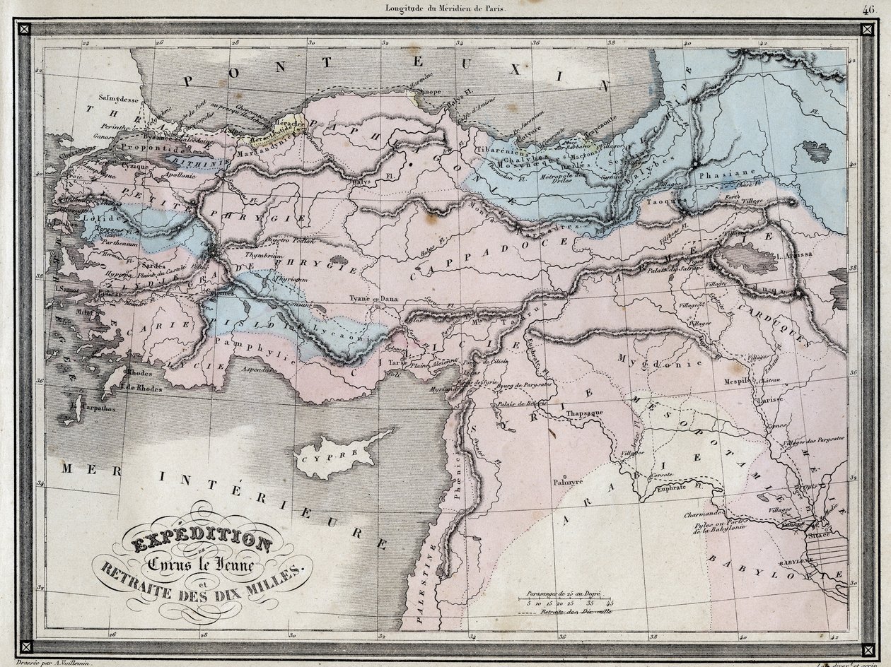 キュロスの遠征（紀元前5世紀）と10マイルの退却 - Vuillemin著「Universal Atlas of ancient and modern geography for residential schools」より抜粋 - 1845年頃 作： フランス語学校
