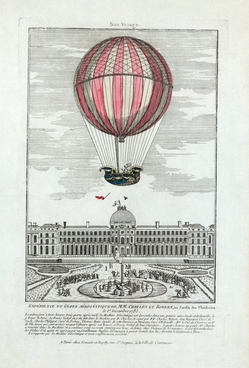MMのエアロスタティック・グローブを体験。1783年12月1日、チュイルリー公園でのシャルルとロベールの写真（Pub.1783年（手彩色のエングレービング 作： フランス語学校