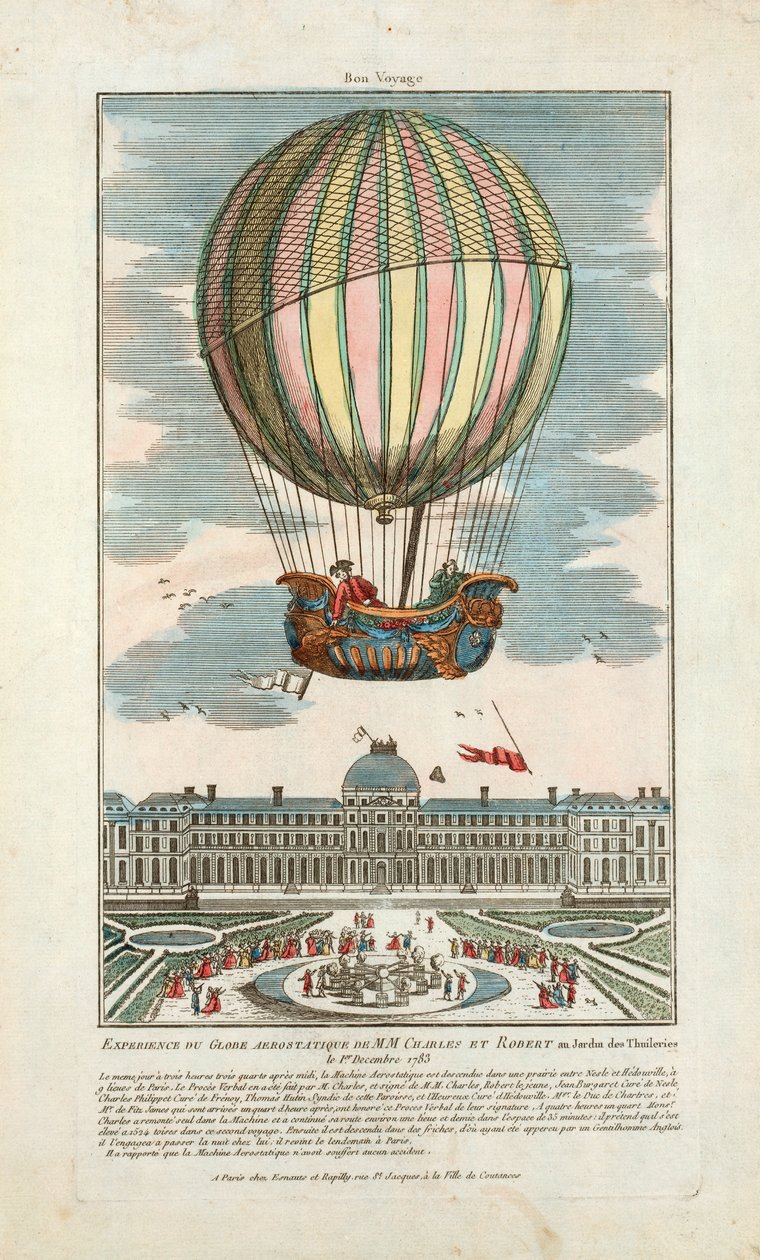 MMのエアロスタティック・グローブを体験。1783年12月1日、チュイルリー公園でのシャルルとロベールの写真（Pub.1783年（手彩色のエングレービング 作： フランス語学校