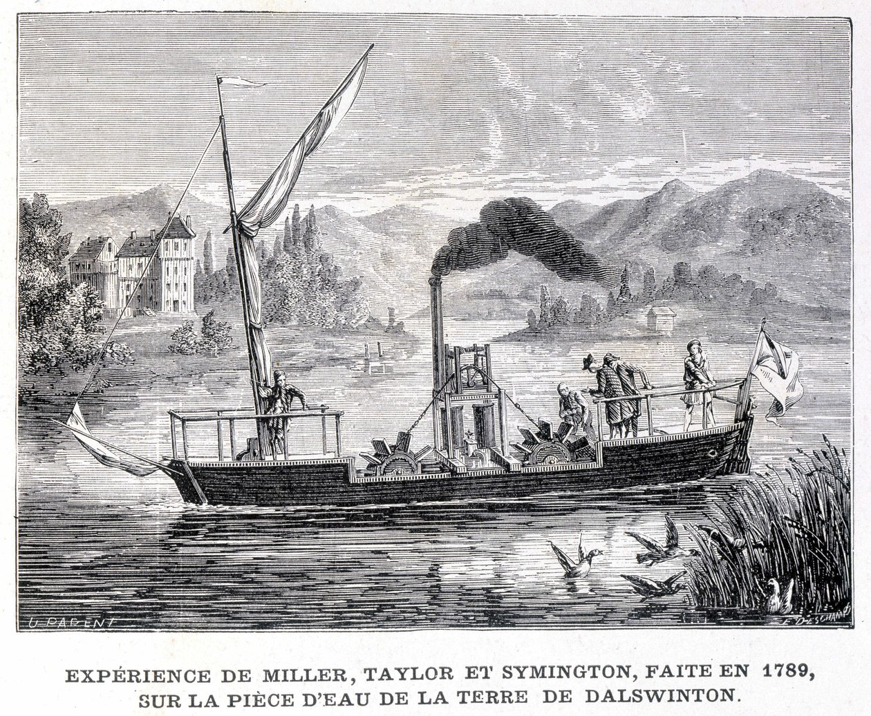 1789年にDalswintonの土地の水の部分で行われたMiller、Taylor、Symingtonの経験 - 1896年の "Album of Science; illustrious scholars; Great Discoveries "に掲載。 作： フランス語学校