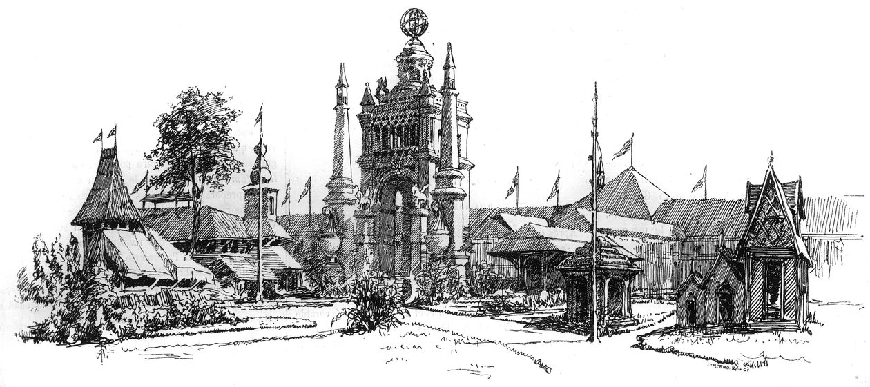 1885年アントワープ（ベルギー）で開催された万国博覧会：博覧会の建物の様子。1885年8月22日付の「Le Monde Illustre」に掲載された図版。 作： フランス語学校
